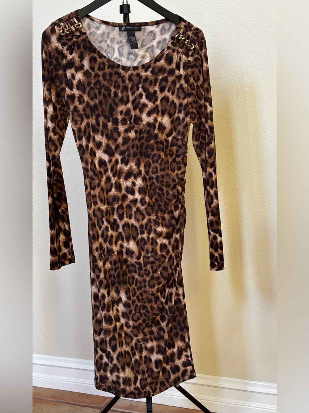 INC Long Sleeve Leopard Print Bodycon Dress with chain hardware
